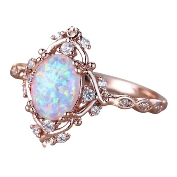 White Egg Shape Opal Rings Ethiopian Fire Opal Engagement Ring 14K Gold plated - Picture 3 of 5